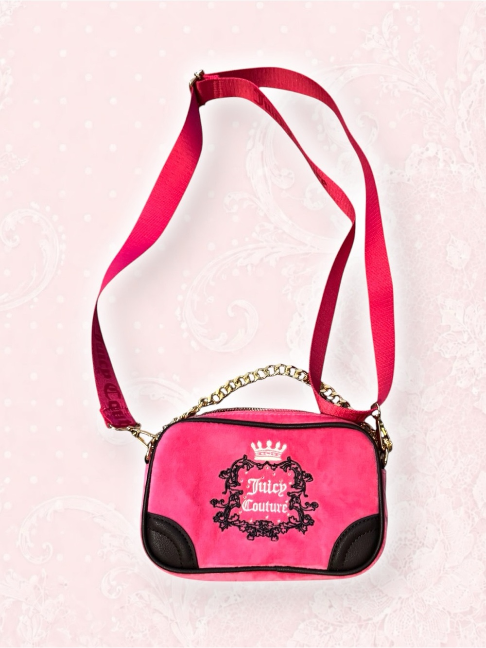 Juicy Couture Bright Pink Crossbody Camera Bag with Gold Chain
